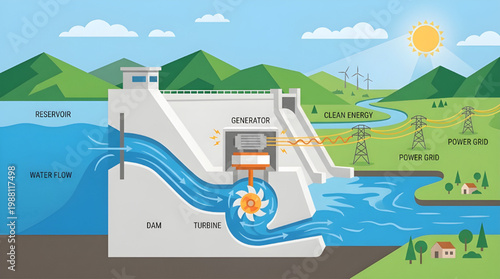 Detailed diagram illustrating the process of hydroelectric power generation and clean energy integration into the grid system