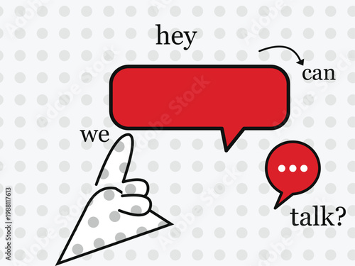 Red speech bubble vector with hey we can talk text, communication concept with hand pointing at chat box, social media messaging icons on grey polka dot background