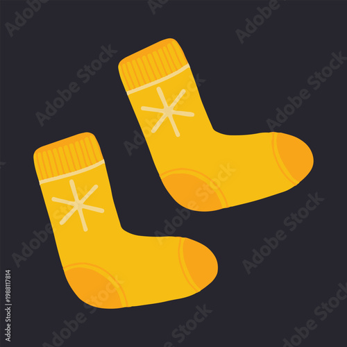 Cozy yellow winter socks with snowflake pattern vector illustration. Pair of yellow knitted woolen socks isolated on white background