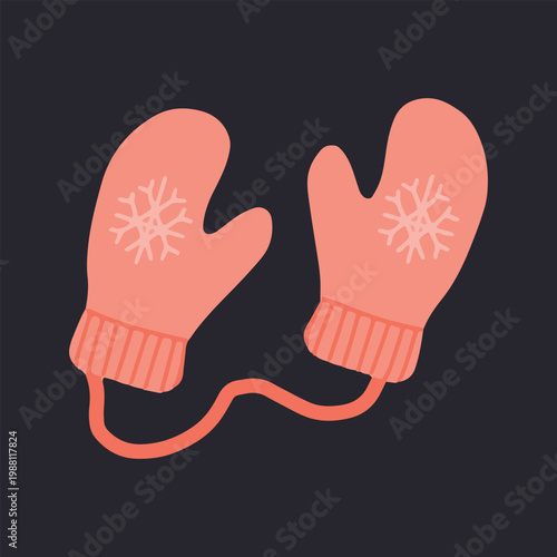 Hand drawn pair of pink winter mittens with snowflake pattern vector illustration. Cute pink woolen mittens with string and snowflake detail sketch