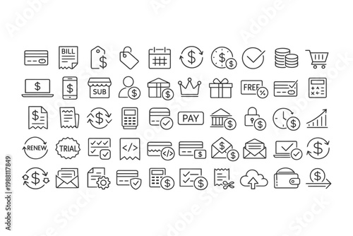 Monochrome finance icons set featuring budget, payment, and shopping elements.