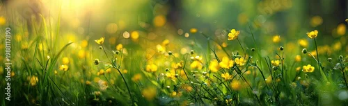Panel kuchenny z motywem Close-up of yellow wildflowers in lush green grass with dew drops, golden light, bokeh