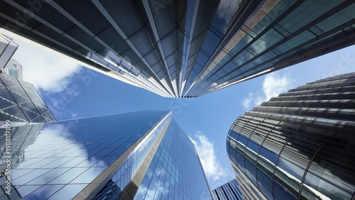 Photography Modern city skyscrapers standing tall, reflecting the blue sky and clouds on the
