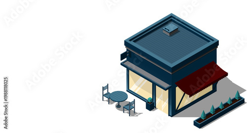 Isometric cafe building at night. Cafe building exterior. Cafe icon. Isometric shop or stores. Vector illustration