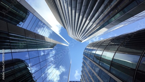 Photos Looking up at modern glass and steel skyscrapers reflecting a clear blue sky wit