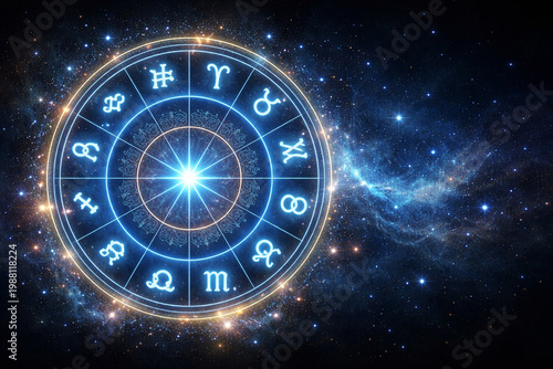 Celestial Zodiac: An illuminated zodiac wheel set against a cosmic backdrop, each glyph and symbol glowing with otherworldly energy.