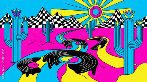 Melting Vinyl Records Desert Landscape with Cacti, Pop Surrealism Flat Illustration with Bold Outlines