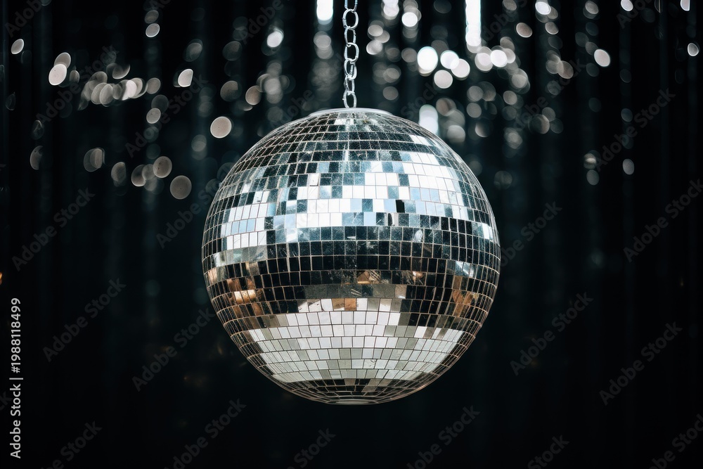 Obraz premium Disco ball reflecting bright lights while hanging in a dark club setting with bokeh