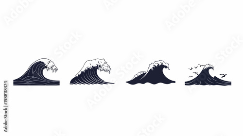 Four stylized ocean waves in a row, ranging from large to smaller with one including birds