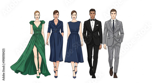 Diverse group of people in formal attire fashion illustration.