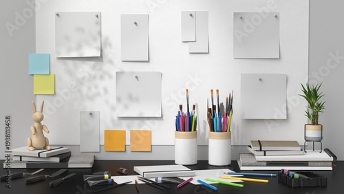 Cuadro en lienzo Creative artist workspace mockup with blank posters, brushes and stationery desk