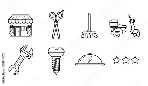 A set of eight line art icons featuring various service and tool symbols