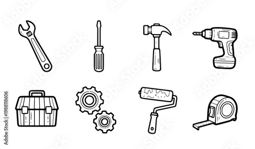 A set of black and white line art icons depicting various hand tools and equipment for construction and repair work
