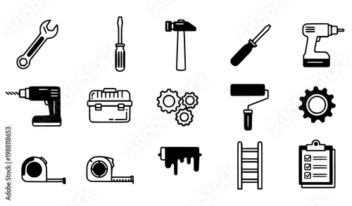 A set of black and white icons depicting various construction and repair tools
