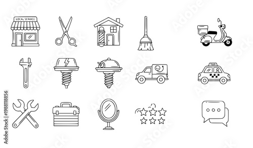 A set of line art icons depicting various service and repair symbols