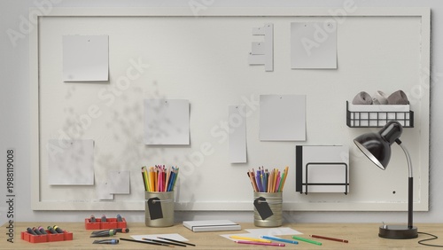 Minimal creative workspace mockup with blank posters, desk lamp and stationery supplies