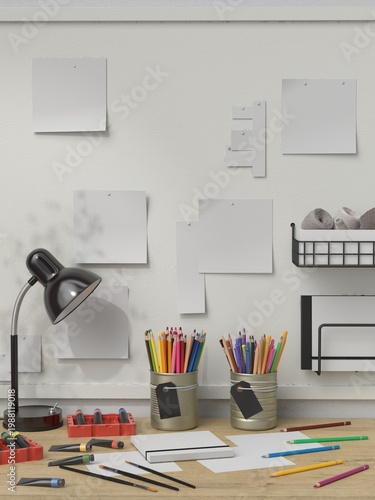 Minimal creative workspace mockup with blank posters, desk lamp and stationery supplies