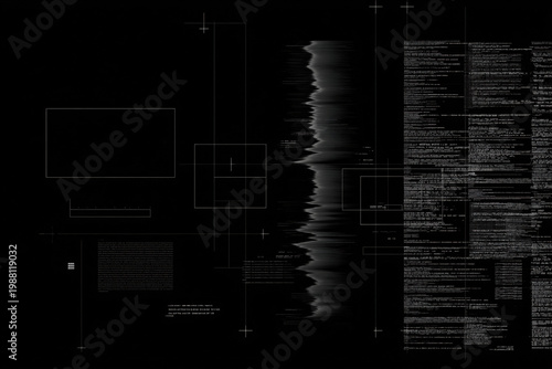 Digital graphical data interface with code and grid patterns on a black background