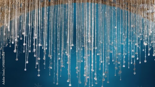 Close-up of cascading crystal beaded strings against a teal gradient background