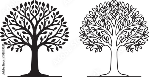 decorative tree icon set silhouette and outline nature symbol vector illustration