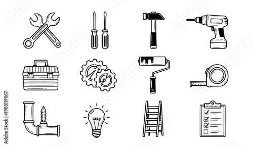 A set of black and white line art icons depicting various tools and equipment for construction and DIY projects