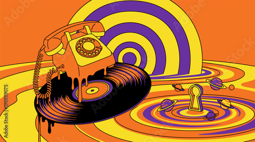 Melting Vintage Rotary Phone and Vinyl Record Landscape in Pop Surrealism Flat Illustration Style