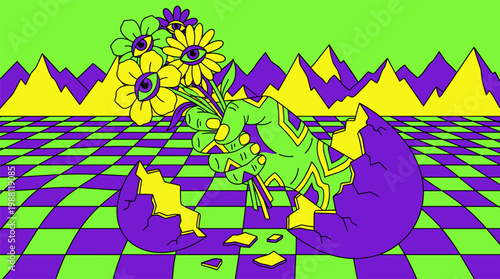 Giant Hand Holding Eye Center Flowers Emerging from Cracked Egg Pop Surrealism Flat Illustration with Bold Outlines
