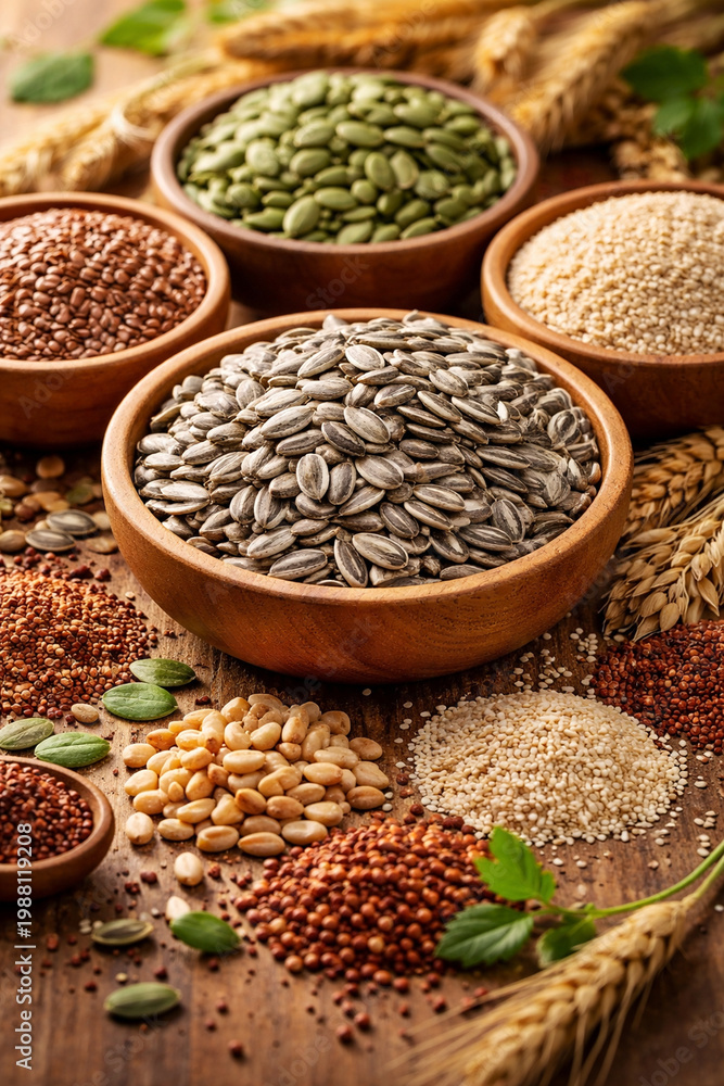 Fototapeta premium Variety of Healthy Seeds: A visually striking arrangement of various seeds and grains, showcased in wooden bowls. Evoking a sense of natural health and organic goodness. 