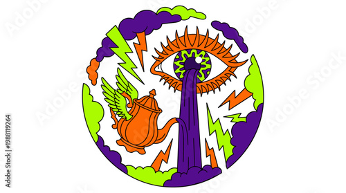 Surreal Eye Pouring Liquid into Winged Teapot Pop Surrealism Flat Illustration with Bold Outlines