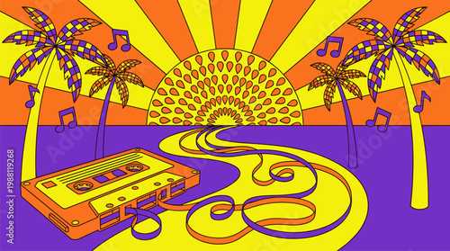 Vintage Cassette Tape River and Palm Trees Pop Surrealism Flat Illustration With Bold Outlines