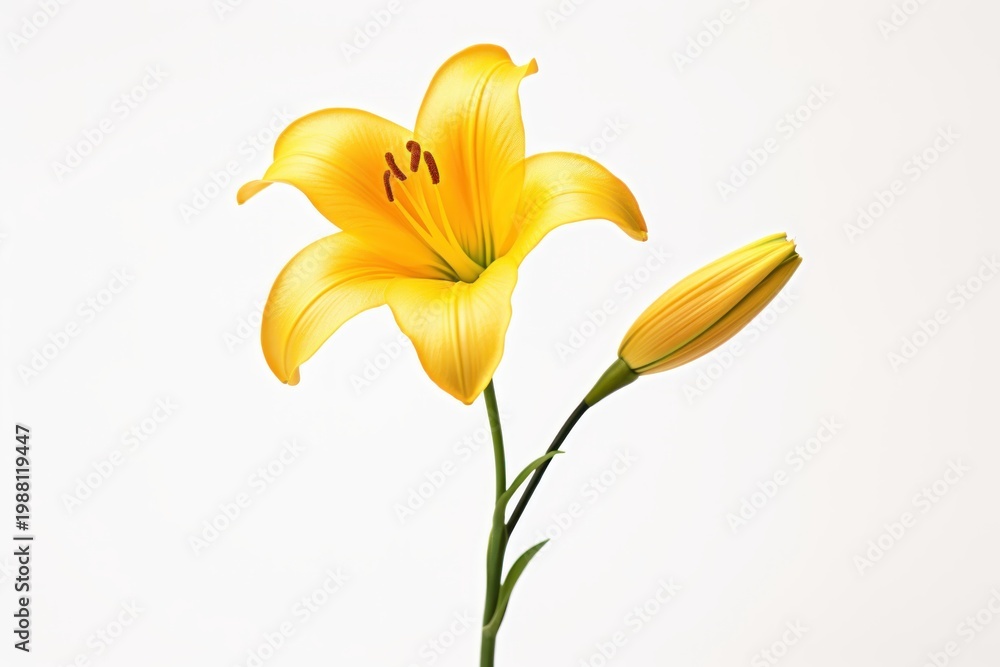 Obraz premium Yellow lily flower with an accompanying bud on a smooth white background