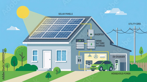 Sustainable home energy system with solar panels, battery storage, and electric vehicle charging for an eco-friendly modern lifestyle