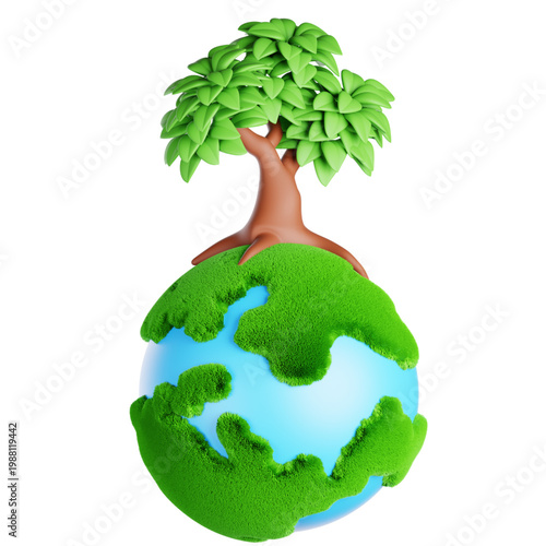 Planet Earth with a Lush Green Tree Growing from it, Symbolizing Environmentalism and Growth