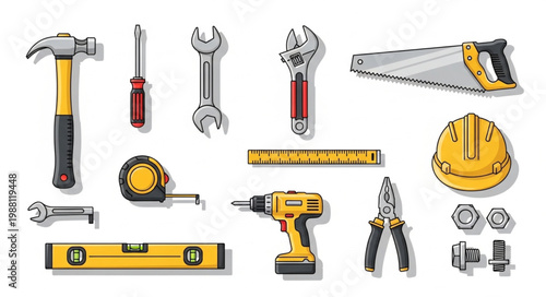 Collection of assorted construction and DIY tools arranged on a white background.