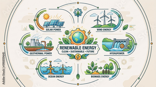 Detailed Infographic Illustrating Diverse Renewable Energy Sources for a Sustainable and Clean Future