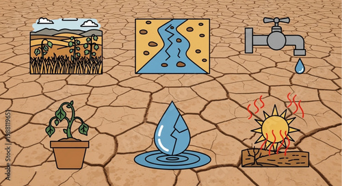 Drought and Water Scarcity Icons on Cracked Earth Background.