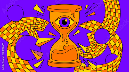 Giant Eye in Melting Hourglass with Checkerboard Ribbons, Pop Surrealism Flat Illustration with Bold Outlines