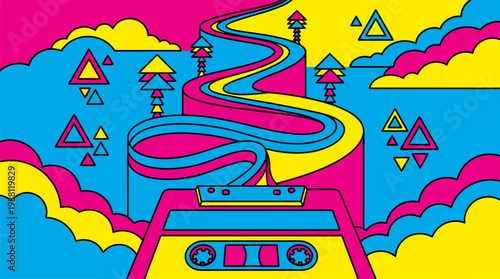 Retro Cassette Tape With Unraveling Mountain Path Pop Surrealism Flat Illustration With Bold Outlines