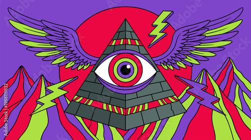 Surreal Eye in Winged Pyramid with Lightning Bolts Pop Surrealism Flat Illustration with Bold Outlines