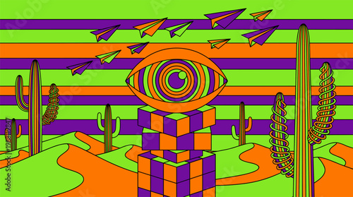 Surreal Giant Eye Resting On Checkered Cubes in Desert, Pop Surrealism Flat Illustration with Bold Outlines