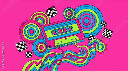 Retro Cassette Tape Spilling Geometric Magnetic Waves Pop Surrealism Flat Illustration with Bold Outlines