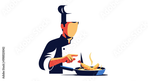 Chef Cooking Japanese Shrimp Tempura Ebi Furai in Frying Pan Flat Vector Illustration.