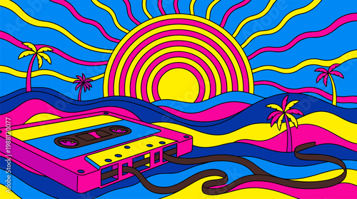 Retro Cassette Tape Landscape With Magnetic Tape Hills And Palm Trees Pop Surrealism Flat Illustration With Bold Outlines