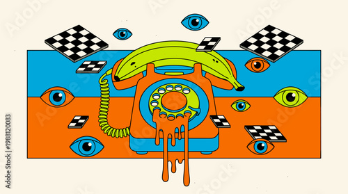 Surreal Retro Banana Telephone With Floating Graphic Eyes And Checkered Tiles Pop Surrealism Flat Illustration Bold Outlines