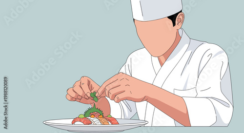 Sushi Chef Garnishing Salmon and Tuna Nigiri on Plate, Japanese Culinary Vector Illustration