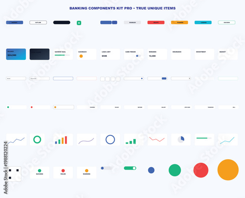Banking Components Kit Pro UI Elements Set Finance Dashboard Buttons Cards Charts Mobile App Interface Vector Collection