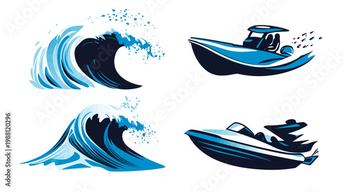 Stylized digital illustrations featuring ocean waves and speedboats in shades of blue