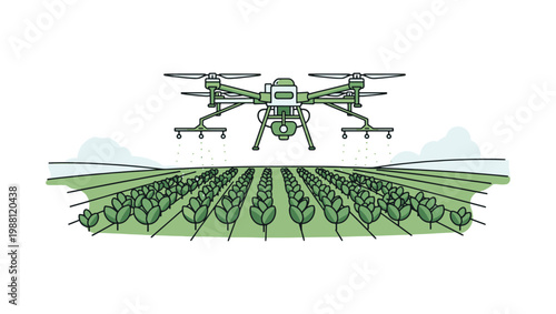Agricultural drone flying over crop field, precision farming and aerial monitoring, flat vector illustration
