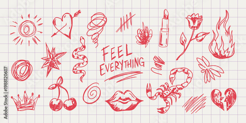 Feel Everything – emotional doodle elements. Hand drawn sketch icons in edgy notebook style. Raw symbols, love, fire and tattoo- details for stickers, apparel, posters, journals and social med