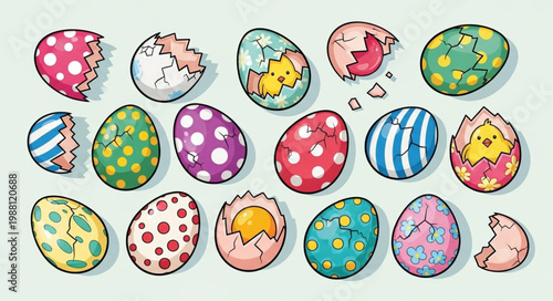 Colorful Easter Eggs with Chicks Hatching Out.